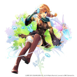  2girls :d bare_shoulders blonde_hair blue_eyes boots braid brown_footwear brown_legwear commentary_request crystal detached_sleeves elbow_gloves fairy fantasy_earth_zero fingerless_gloves fur_boots fur_trim gloves masya multiple_girls one_eye_closed open_mouth photoshop_(medium) pointy_ears smile square_enix thigh_boots thighhighs twin_braids 