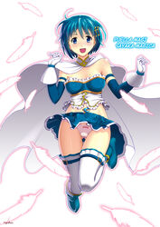  :d bare_shoulders blue_eyes blue_hair boots bow bow_panties breasts cape commentary_request copyright_name elbow_gloves feathers female fortissimo frills gloves hair_ornament highres magical_girl mahou_shoujo_madoka_magica mahou_shoujo_madoka_magica_(anime) medium_breasts miki_sayaka miki_sayaka_(magical_girl) musical_note musical_note_hair_ornament number10_(hagakure) open_mouth panties pantyshot photoshop_(medium) pink_panties short_hair skirt smile solo soul_gem sweat thighhighs underwear upskirt 