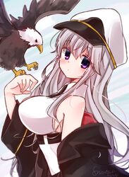  animal azur_lane bald_eagle belt bird black_belt black_coat coat collared_shirt commentary_request eagle enterprise_(azur_lane) female grey_hair grim_(azur_lane) hat highres military necktie open_clothes open_coat peaked_cap purple_eyes shimashiro_itsuki shirt sleeveless sleeveless_shirt underbust white_hat 