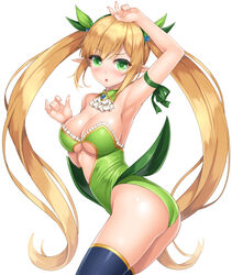  :o arm_ribbon arm_up armpits ass black_thighhighs blonde_hair blush breasts cleavage commentary_request cowboy_shot detached_collar elf female green_eyes green_leotard hair_ornament highleg highleg_leotard lambda_(kusowarota) large_breasts leotard long_hair looking_at_viewer open_mouth pointy_ears ribbon sennen_sensou_aigis simple_background solo spica_(sennen_sensou_aigis) thighhighs thighs twintails twisted_torso underboob very_long_hair white_background 