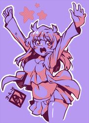  arms_up babydoll_t-shirt blue_theme blush_stickers breasts cleavage commentary_request cowboy_shot crop_top cropped_shirt dated female jacket long_hair long_sleeves lowres midriff monochrome navel open_mouth original outline pleated_skirt poch4n purple_background purple_theme skirt solo standing star_(symbol) teeth upper_teeth_only 