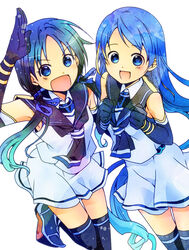  2girls blue_eyes blue_gloves blue_hair blue_thighhighs commentary_request elbow_gloves gloves kantai_collection long_hair low_twintails matching_outfits multiple_girls photoshop_(medium) ponytail rakuji_tarahi samidare_(kancolle) school_uniform serafuku skirt smile suzukaze_(kancolle) thighhighs twintails very_long_hair zettai_ryouiki 