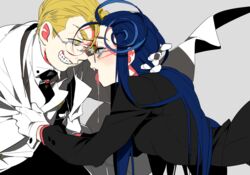  1boy blonde_hair blue_hair fangs female glasses gloves hellsing kinako_(marubotan) long_hair rip_van_winkle saliva short_hair vampire 