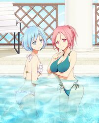  2girls bikini blue_eyes blue_hair commentary_request genderswap_(mtf) kuroko_no_basuke kuroko_tetsuya long_hair momoi_satsuki multiple_girls partially_submerged pink_eyes pink_hair ponytail pool rihoro rule_63 short_hair swimsuit water 