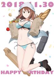  apple bag baguette bikini blue_hat boots bread brown_eyes brown_hair commentary_request dated female food front-tie_bikini_top front-tie_top fruit girls_und_panzer grocery_bag happy_birthday hat highres instrument kantele long_hair looking_at_viewer md5_mismatch mika_(girls_und_panzer) muteki_soda navel paper_bag potato shopping_bag side-tie_bikini_bottom solo striped_bikini striped_clothes swimsuit tulip_hat 