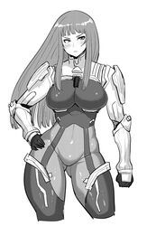  bangs blunt_bangs bodysuit breasts curvy female female hand_on_hip ken_marinaris large_breasts long_hair monochrome pilot_suit simple_background solo standing synecdoche white_background wide_hips zone_of_the_enders zone_of_the_enders_2 