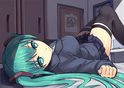  alternate_costume aqua_eyes aqua_hair bedroom black_thighhighs blazer blue_jacket book breasts closed_mouth closet commentary_request door eyebrows female from_above hair_ornament hatsune_miku highres indoors jacket large_breasts long_hair long_sleeves looking_at_viewer lying miniskirt on_back on_bed open_book pleated_skirt school_uniform shade skirt smile solo srwsrx_(gp03dsrx) thighhighs twintails vocaloid wall 