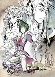  1boy asellus_(saga_frontier) breasts castle commentary_request dress flower gloves green_hair lion_princess long_hair multiple_girls orlouge photoshop_(medium) princess_white_rose red_flower red_rose rose saga saga_frontier short_hair smile sword wataringo weapon 