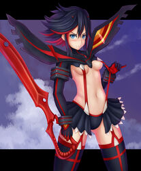  black_hair blue_eyes blush breasts cloud commentary_request embarrassed female hairpods highres kill_la_kill matoi_ryuuko medium_breasts multicolored_hair navel photoshop_(medium) red_hair revealing_clothes scissor_blade_(kill_la_kill) senketsu short_hair skirt sky suspenders sword thighhighs two-tone_hair underboob wavy_mouth weapon willgoon 