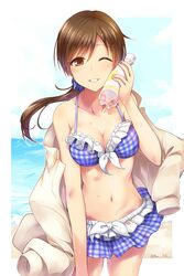  absurdres bad_id bad_pixiv_id bare_shoulders bikini blue_scrunchie blush bottle bottle_to_cheek breasts brown_eyes brown_hair cleavage collarbone commentary_request cowboy_shot female frilled_bikini frills front-tie_bikini_top front-tie_top hair_ornament hair_scrunchie highres holding holding_bottle idolmaster idolmaster_cinderella_girls jacket long_hair long_sleeves low_ponytail medium_breasts miniskirt navel nitta_minami ocean one_eye_closed paopao parted_lips plaid plaid_bikini plaid_scrunchie ponytail scrunchie skirt smile solo standing stomach sweat swimsuit tareme twitter_username unworn_jacket water water_bottle 