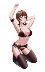  active_raid arm_behind_head armpits arms_up black_bra black_panties blunt_bangs blush bra breasts brown_hair brown_legwear commentary_request female flipped_hair full_body garter_belt kazari_asami kneeling large_breasts looking_at_viewer navel no_shoes northman panties parted_lips purple_eyes short_hair simple_background solo stomach underwear underwear_only white_background 