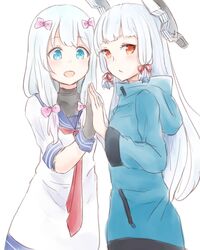  2girls :d aqua_eyes blue_eyes blue_hair blunt_bangs blush bow commentary_request cosplay costume_switch crossover dress eromanga_sensei gloves hair_ribbon hairbow headgear highres holding_hands izumi_sagiri izumi_sagiri_(cosplay) jacket kantai_collection long_hair look-alike looking_at_viewer low-tied_long_hair multiple_girls murakumo_(kancolle) murakumo_(kancolle)_(cosplay) open_mouth orange_eyes pink_bow red_ribbon ribbon sailor_dress school_uniform serafuku short_eyebrows sidelocks simple_background smile tress_ribbon white_background white_hair yamamura_umi 