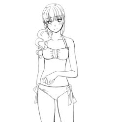  blush commentary_request female fortune_quest greyscale line_art looking_at_viewer monochrome pastel_g._king rio30 solo swimsuit transparent_background 