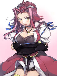  blue_ribbon blush breast_hold breasts choker cleavage collarbone commentary_request crossed_arms elbow_gloves embarrassed female fingerless_gloves gloves gradient_background izayoi_aki jewelry large_breasts mero_(starfish_jcs) necklace open_mouth red_hair rei_no_himo ribbon short_hair solo thighhighs yellow_eyes yu-gi-oh! yu-gi-oh!_5d&#039;s 