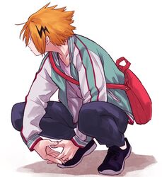  1boy ahoge bad_id bad_pixiv_id bag boku_no_hero_academia cross-laced_footwear earrings full_body jacket jewelry kaminari_denki long_sleeves male_focus orange_hair own_hands_together pants profile shoes shoulder_bag sneakers solo squatting white_background yoshitaro_(almendra) 