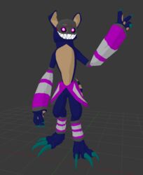  3d_(artwork) ambiguous_gender black_sclera blue_body blue_fur canid canine clothing digital_media_(artwork) floppy_ears fur gallil gesture hand_gesture kova_(gallil) leg_warmers legwear mammal mask monster mostly_nude pointing smile stripes teeth 