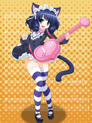  ;d animal_ears beamed_eighth_notes beamed_sixteenth_notes bell black_hair blush bow cat_ears cat_girl cat_tail commentary_request curly_hair cyan_(show_by_rock!!) dress eighth_note female green_eyes guitar hair_ribbon hairband heart_guitar instrument jingle_bell lolita_fashion lolita_hairband looking_at_viewer motonaga_hiroya musical_note oerba_yun_fang one_eye_closed open_mouth pink_bow quarter_note ribbon show_by_rock!! smile solo strawberry_heart_(show_by_rock!!) striped_clothes striped_thighhighs tail thighhighs treble_clef zettai_ryouiki 