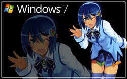  7 blue_eyes blue_hair bow madobe_nanami microsoft os-tan short_hair skirt thighhighs windows wink zoom_layer 