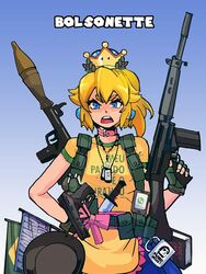  angry animal_collar apron artist_request backpack bad_link bag battle_rifle blonde_hair blue_skirt book brazil brazilian_flag check_commentary clothes_writing collar commentary_request cross crown cup dog_tags earrings explosive female flag fn_fal frilled_apron frills gloves grenade gun hand_on_own_chest hat holding holding_gun holding_weapon jair_bolsonaro jewelry knife logo mario_(series) mug_writing new_super_mario_bros._u_deluxe parody politics portuguese_commentary portuguese_text princess_peach real_life rifle rocket_launcher rpg-7 rpg_(weapon) sergio_moro shirt skirt super_crown weapon whatsapp yellow_apron yellow_shirt 