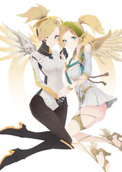  2girls absurdres ass barefoot barefoot_sandals_(jewelry) black_legwear blonde_hair blue_eyes bodysuit breasts cleavage commentary_request dress gloves glowing glowing_wings hair_tie halo head_wreath headgear high_collar high_heels high_ponytail highres kneeling laurel_crown long_sleeves mechanical_halo mechanical_wings medium_breasts mercy_(overwatch) multiple_girls nose official_alternate_costume overwatch overwatch_1 pantyhose short_sleeves spread_wings turtleneck white_dress winged_victory_mercy wings yang0926 yellow_wings 