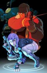  batou cyborg female ghost_in_the_shell ghost_in_the_shell_stand_alone_complex gun jacket jeffrey_cruz kusanagi_motoko leotard purple_hair robot squatting tachikoma weapon 