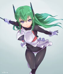  ajino_(sakanahen) bad_id bad_pixiv_id black_bodysuit bodysuit breasts commentary_request covered_nipples female fingerless_gloves floating_hair gloves gradient_background green_hair hair_between_eyes headgear holding holding_weapon large_breasts long_hair looking_at_viewer menou_kaname_(taishi) original outstretched_arms purple_eyes solo standing thigh_gap weapon white_gloves 