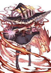  anna_(granblue_fantasy) black_footwear black_hat boots breasts candle commentary_request crystal dragon dress female fire floating_hair frills from_above full_body granblue_fantasy hair_over_one_eye hat highres holding holding_stuffed_toy leaning_forward legs_apart long_hair looking_at_viewer magic md5_mismatch outstretched_arm red_eyes red_hair simple_background sleeveless sleeveless_dress small_breasts solo standing stuffed_animal stuffed_cat stuffed_toy tenyo0819 very_long_hair white_background witch witch_hat wristband 