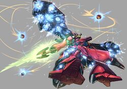  absurdres bad_id bad_pixiv_id beam_axe beam_saber char&#039;s_counterattack char&#039;s_counterattack_-_beltorchika&#039;s_children flying funnels_(gundam) gundam highres mecha nightingale_(gundam) no_humans robot sa/tsu/ki shield thrusters weapon 