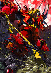  1980s_(style) 1boy armor commentary decepticon dirt english_commentary foreshortening from_below full_moon glowing highres hinomars19 holding holding_sword holding_weapon horns huge_weapon machinery mecha mechanical_wings moon no_humans open_mouth photoshop_(medium) predaking red_moon retro_artstyle robot saliva science_fiction sharp_teeth standing star_(sky) sword teeth tongue transformers transformers:_generation_1 weapon wings 