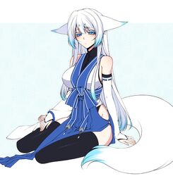  animal_ears asymmetrical_clothes bare_shoulders barefoot blue_eyes blush bridal_gauntlets commentary_request detached_sleeves elbow_gloves female floral_background fox_ears fox_tail gloves japanese_clothes konshin long_hair looking_at_viewer no_panties orie_mishiro original sitting solo tail thighhighs toeless_legwear toes white_hair yokozuwari 