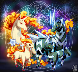  black_background blitzle blue_eyes brown_eyes chinese_zodiac colored_sclera commentary evolutionary_line eye_contact fiery_hair fiery_tail fire fireworks highres horns horse looking_at_another no_humans photoshop_(medium) pokemon pokemon_(creature) ponyta rapidash red_eyes sa-dui signature single_horn tail watermark year_of_the_horse yellow_sclera zebstrika 