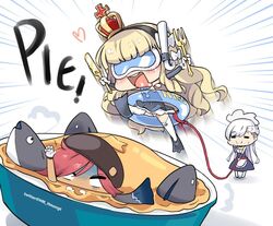  3girls :d azur_lane belfast_(azur_lane) beret black_hairband braid chibi commentary crown diving_mask drooling fish flippers food fork french_braid goggles hairband hat hm_(hmongt) holding innertube jamaica_(azur_lane) jumping knife light_brown_hair long_hair maid maid_headdress mini_crown mouth_drool multiple_girls open_mouth pie queen_elizabeth_(azur_lane) red_hair rope scarf simple_background smile snorkel stargazy_pie swim_ring thighhighs twitter_username white_hair zettai_ryouiki 