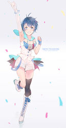  anniversary arm_up armpits asymmetrical_legwear bare_shoulders blue_eyes blue_hair breasts capelet cleavage clenched_teeth commentary_request copyright_name ekao female full_body grin h-a-j-i-m-a-r-i-u-t-a-!! hair_ornament hairclip index_finger_raised kamishiro_sui leg_up looking_at_viewer medium_breasts parted_lips short_hair shorts single_thighhigh smile solo standing standing_on_one_leg teeth thighhighs tokyo_7th_sisters uneven_legwear 