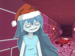  1boy absurdres beard blood blue_hair commentary death door english_commentary facial_hair female hat highres long_hair official_art santa_claus santa_hat sidelocks smirk spooky&#039;s_house_of_jump_scares spooky_(shojs) stylishkira torch x_x 