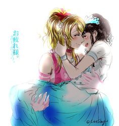  2girls artist_name ayase_eli black_hair blonde_hair blue_skirt blush bokutachi_wa_hitotsu_no_hikari bracelet carrying closed_eyes commentary_request dress flower hair_flower hair_ornament happy hug jewelry long_hair love_live! love_live!_school_idol_project multiple_girls nanjou_yoshino necklace open_mouth pink_dress ponytail princess_carry scrunchie shogo_(4274732) skirt smile translated voice_actor voice_actor_connection white_dress yuri 