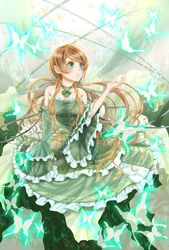  bad_id bad_pixiv_id blush brown_hair dress female flower fuyuto_(ihara_128) green_eyes green_theme highres lily_(flower) long_hair solo twintails yuri_kuma_arashi yurigasaki_lulu 