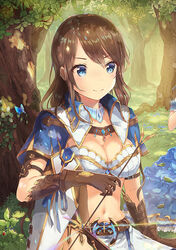  arm_at_side arm_belt arrow_(projectile) bad_id bad_pixiv_id belt blue_dress blue_eyes breasts brown_gloves brown_hair bug butterfly cleavage commentary_request crossbow dappled_sunlight dress eyelashes female forest gem gloves grass holding jewelry ladybug long_hair midriff moeru!_jiten moeru!_shinsei_buki_jiten nagakura_(seven_walkers) nature navel necklace out_of_frame outdoors photoshop_(medium) plant short_sleeves skirt smile solo_focus stomach string sunlight swept_bangs tree tristan_(arthurian) tristan_and_iseult unfailing_bow upper_body vines weapon 