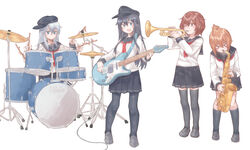  &gt;_&lt; 4girls akatsuki_(kancolle) anchor_symbol az_toride badge black_pantyhose black_sailor_collar black_skirt black_socks black_thighhighs blue_eyes blue_hair brown_eyes brown_hair character_name closed_eyes closed_mouth commentary drum drum_set drumsticks flat_cap folded_ponytail grey_footwear guitar hair_between_eyes hair_ornament hairclip hat hibiki_(kancolle) holding holding_instrument holding_saxophone ikazuchi_(kancolle) inazuma_(kancolle) instrument kantai_collection kneehighs light_brown_hair loafers long_hair long_sleeves multiple_girls neckerchief one_eye_closed open_mouth pantyhose pleated_skirt red_neckerchief sailor_collar saxophone school_uniform serafuku shirt shoes short_hair simple_background skirt socks thighhighs trumpet white_background white_hair white_shirt 