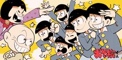  6+boys amazou bald black_hair blank_speech_bubble bow bowtie brothers buck_teeth chibita copyright_name crossed_arms formal hand_on_own_hip highres iyami lolicon looking_at_another male_focus matching_outfits matsuno_choromatsu matsuno_ichimatsu matsuno_jyushimatsu matsuno_karamatsu matsuno_osomatsu matsuno_todomatsu multiple_boys osomatsu-kun osomatsu_(series) pointing protected_link purple_suit salute sextuplets siblings simple_background speech_bubble star_(symbol) suit teeth tongue tongue_out traditional_bowtie wing_collar yellow_background 