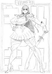  bonten breasts curvy female female full_body huge_breasts junketsu kill_la_kill kiryuuin_satsuki long_hair looking_at_viewer monochrome simple_background solo standing sword thick_thighs thigh_boots underboob weapon white_background 