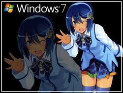  7 blue_eyes blue_hair bow madobe_nanami microsoft os-tan short_hair skirt thighhighs windows wink zoom_layer 