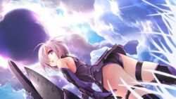  :o armor ass bare_shoulders cloud commentary_request day elbow_gloves fallstreak_hole fate/grand_order fate_(series) female gloves grass hair_over_one_eye highres looking_back lord_camelot_(fate) mash_kyrielight outdoors pink_hair purple_eyes shield short_hair sky solo thigh_strap thighhighs yoco_n 