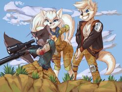  2016 4:3 anthro big_breasts breasts canid canine cleavage clothed clothing female fox grin group gun male mammal ranged_weapon rifle smile tail thefuckingdevil weapon 