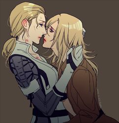  2girls blonde_hair blue_eyes breasts commentary_request elina_kuroe_no_daarin eva_(metal_gear) eye_contact gloves hickey imminent_kiss lipstick long_hair looking_at_another makeup medium_breasts metal_gear_(series) metal_gear_solid_3:_snake_eater multiple_girls ponytail simple_background sweat the_boss yuri 