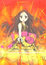  brown_eyes brown_hair burning chacha_(fate) commentary_request fate/grand_order fate_(series) female fire floating_hair highres japanese_clothes kikumon kimono kirimon_(paulownia) long_hair looking_at_viewer macbail magic mitsudomoe_(shape) obi open_mouth outstretched_arm pom_pom_(clothes) sash solo tomoe_(symbol) 