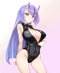  ajino_(sakanahen) arms_behind_back bad_id bad_pixiv_id bare_shoulders black_leotard blush breasts closed_mouth commentary_request covered_navel covered_nipples cowboy_shot female front_zipper_swimsuit gradient_background horns large_breasts legs_apart leotard long_hair looking_at_viewer meme_attire nail_polish one-piece_swimsuit oni_horns original purple_hair red_eyes solo standing straight_hair swimsuit unzipped very_long_hair zipper 