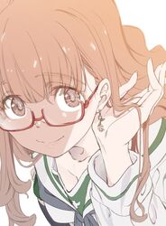  black_neckerchief blouse blunt_bangs close-up closed_mouth commentary_request ear_focus earrings female girls_und_panzer glasses hand_in_own_hair highres jewelry long_hair long_sleeves looking_at_viewer neckerchief ooarai_school_uniform orange_eyes orange_hair saitou_atsushi_(kamatamanankotu) school_uniform serafuku shirt smile solo takebe_saori white_shirt 