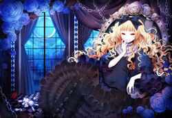  blonde_hair bow chains commentary_request crescent dress female flower gothic_lolita hairbow lolita_fashion long_hair night original red_eyes rinko_(mg54) rose sitting smile solo 