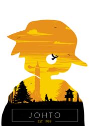  1999 1boy absurdres archived_source baseball_cap bell_tower_(pokemon) cloud cyndaquil double_exposure ethan_(pokemon) hat highres ho-oh male_focus parody pokemon pokemon_(creature) pokemon_gsc shrine silhouette sky style_parody tower traceysketchit transparent_background tree yellow_sky yellow_theme 