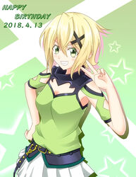  akatsuki_kirika belt blonde_hair blush breasts commentary_request dated female green_background green_eyes green_shirt hair_between_eyes hair_ornament happy_birthday looking_at_viewer medium_breasts parted_lips senki_zesshou_symphogear seshiro_(which501) shirt short_hair skirt smile solo star_(symbol) teeth upper_teeth_only v white_skirt x_hair_ornament 